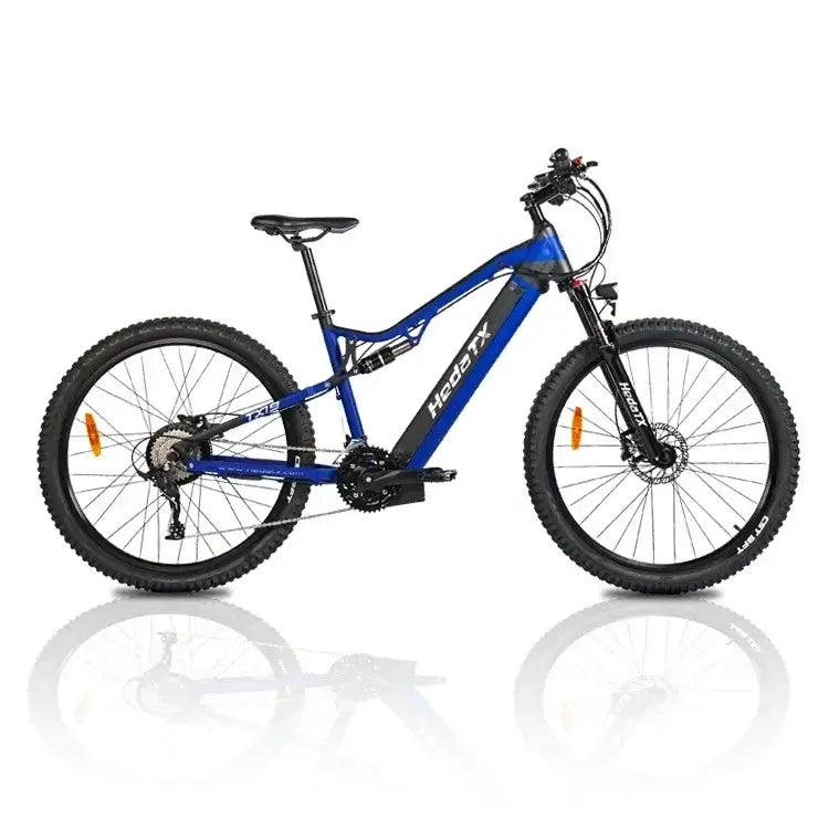 HEDATX19 1000W Electric Bike full suspension in blue color, showcasing its robust design and full suspension features.