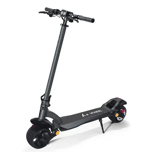 Adult wide tire electric scooter with dual disc brakes, foldable design for off-road and urban use.