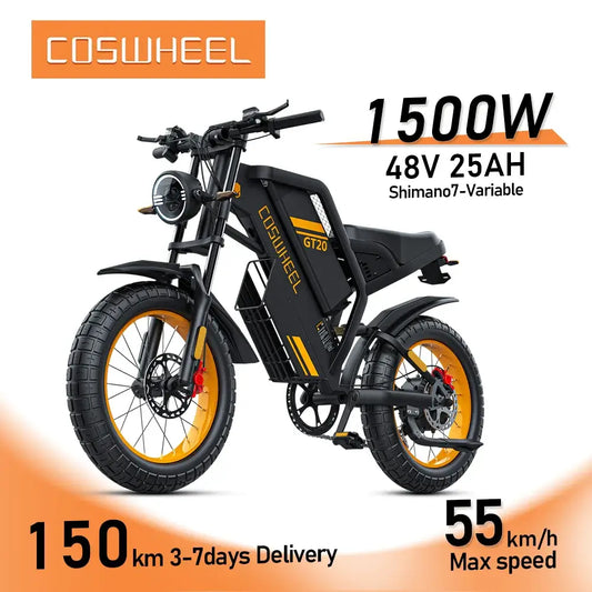 Coswheel GT20 electric motorcycle with 1500W power, 48V battery, and a max speed of 55 km/h, delivering quality performance.