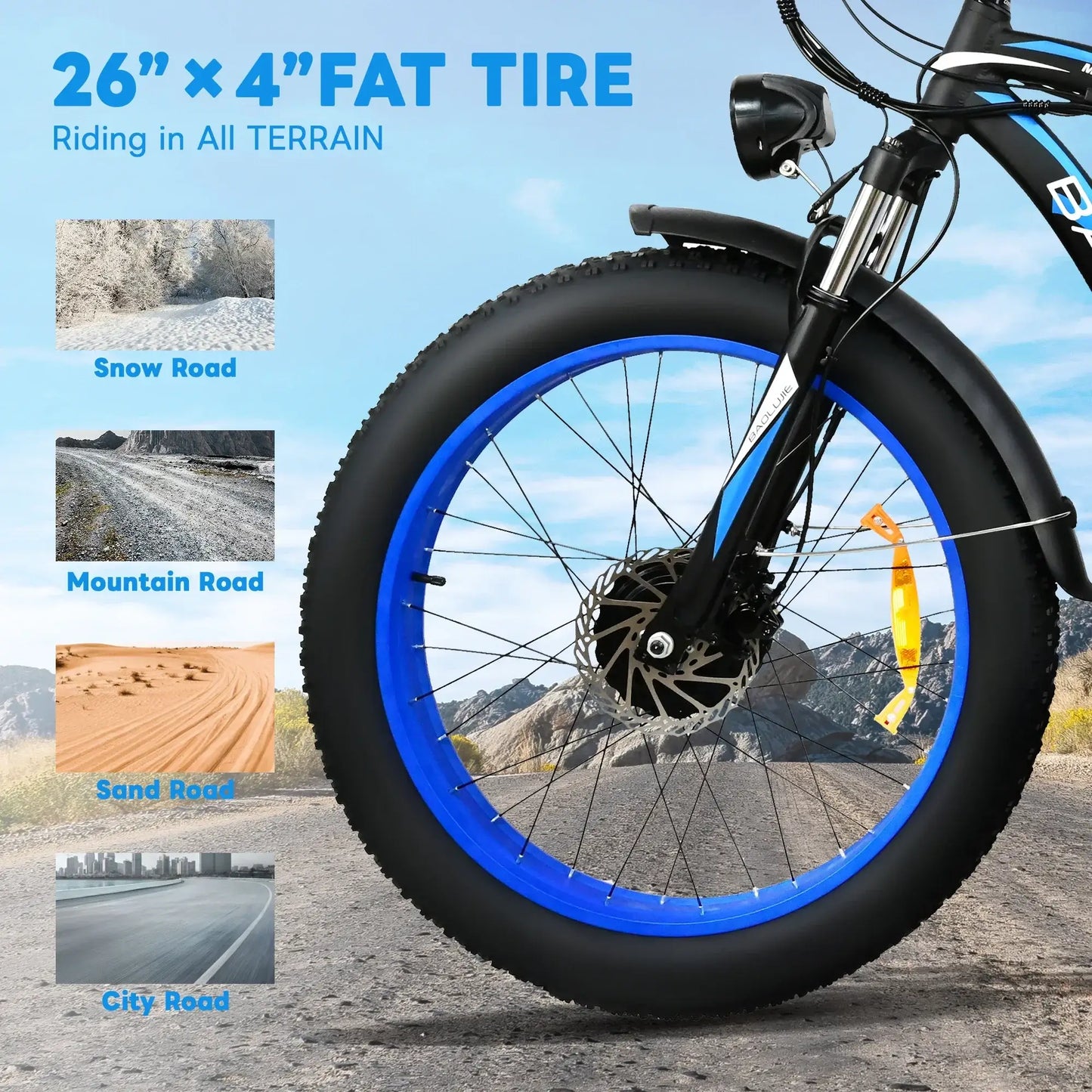 26 inch x 4 inch fat tire electric bike designed for all terrain, including snow, mountain, sand, and city roads.