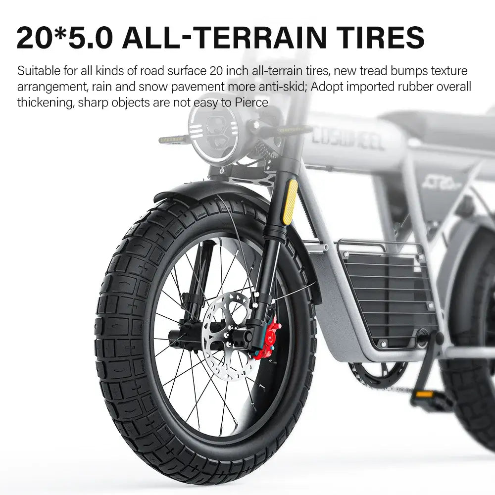 Coswheel Electric Bike CT20S 2000W featuring 20*5.0 all-terrain tires for diverse riding conditions.