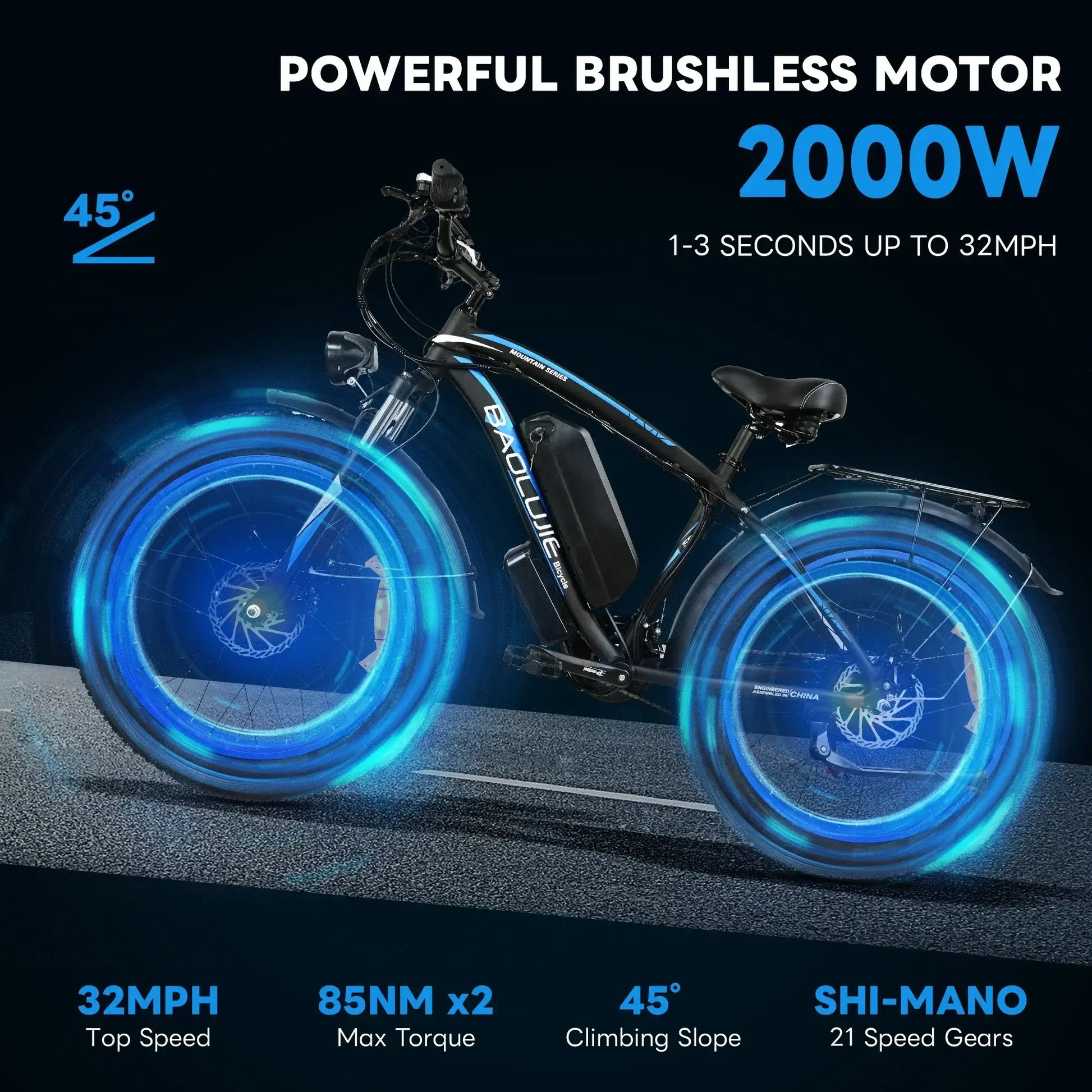 Powerful 2000W fat tire electric bike with brushless motor, achieving 32 mph top speed and climbing 45° slopes.