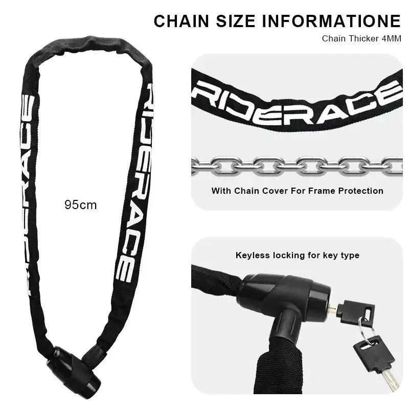 RIDERACE High Security Bicycle Chain Lock details showcasing size, thickness, and keyless lock features.