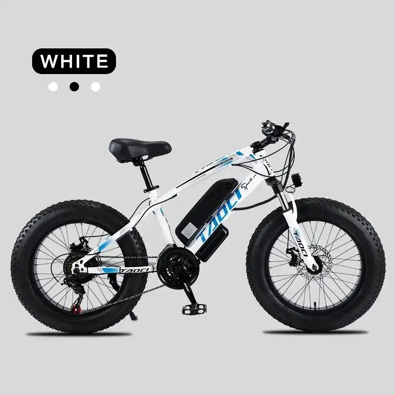 AKEZ 350W Fat Tire Electric Mountain Bike in white with 20 x 4.0 fat tires for off-road and urban adventures.