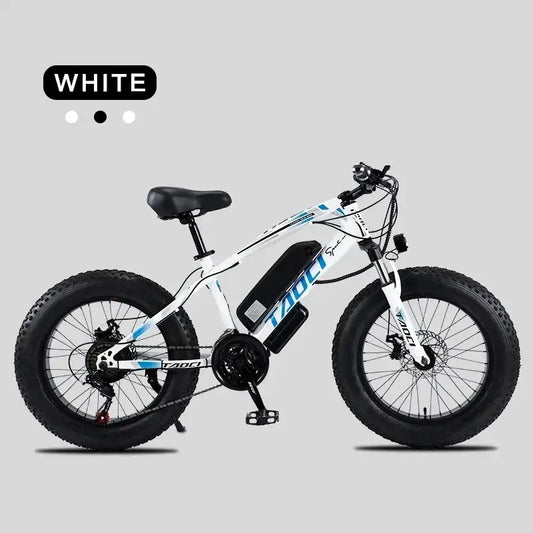 AKEZ 350W electric bike with 20x4.0 fat tires, white color, designed for urban commuting and off-road adventures.