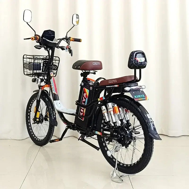 350W electric bike with basket, displaying stylish design and powerful features, perfect for urban and rugged terrains.