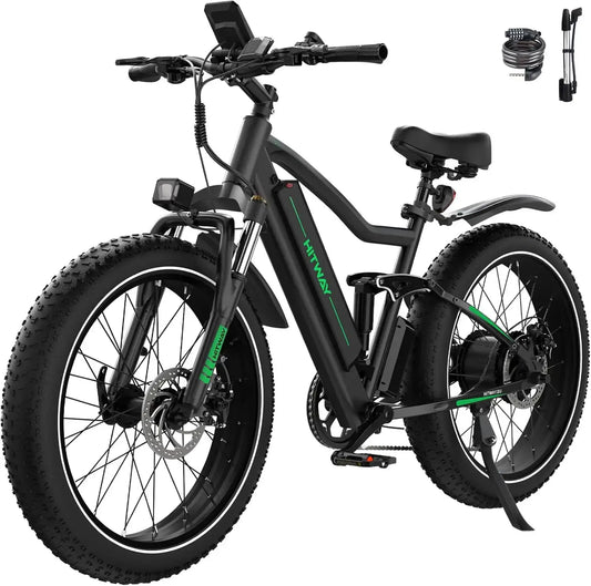 HITWAY 26" fat tire electric bike featuring a 250W motor and puncture-proof tyres, ideal for off-road riding.