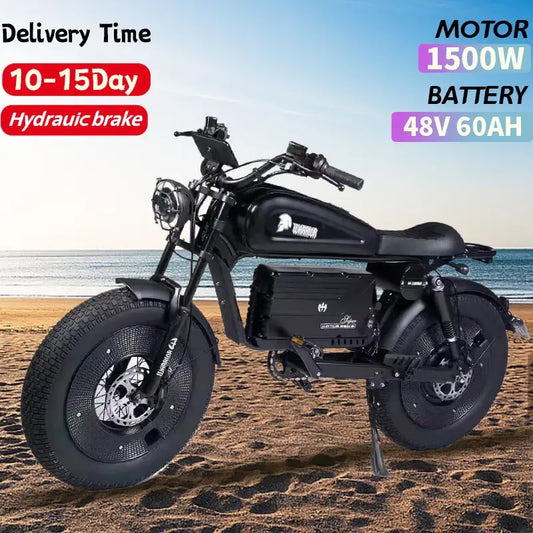 ZPW Black Warrior electric bike with 1500W motor and 48V 60AH battery on sandy beach backdrop.