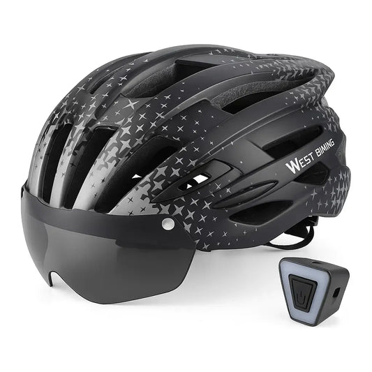 Lightweight WEST BIKING MTB cycling helmet with built-in LED lights and visor, designed for safety and style.