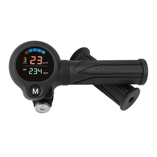 Digital throttle monitor for electric scooters showing speed and distance in km/h.
